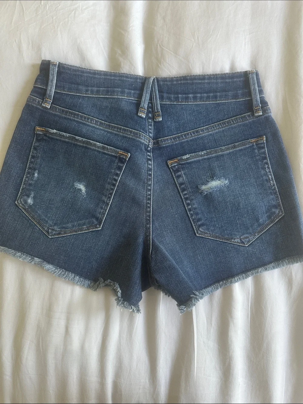 Good American Dark Blue High-Rise Frayed Hem Jean Shorts